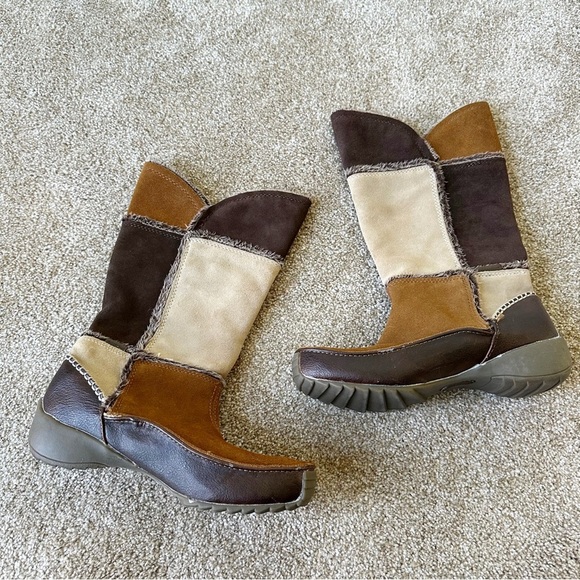 Vintage Y2K Sporto Chocolate Brown Suede Patchwork Under The Knee Boots Size 6 - Picture 1 of 2
